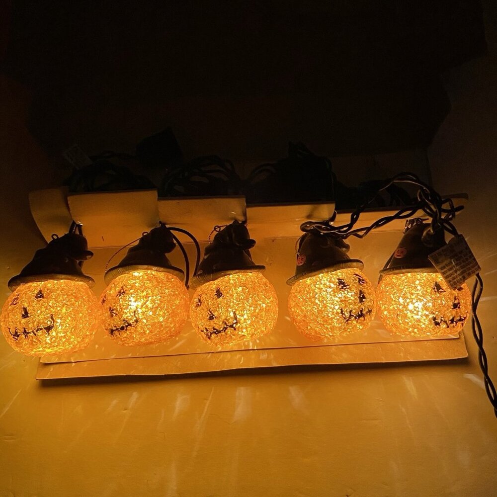 Vtg Halloween Jack-O-Lantern String Lights Melted Plastic Popcorn Pumpkins